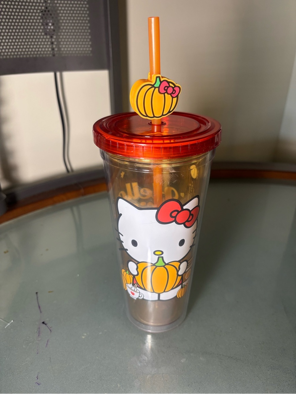 Hello Kitty Orange Pumpkin Straw Tumbler with Red Bow